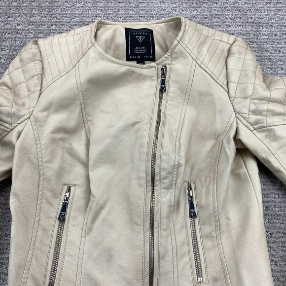 Guess Moto Jacket Women Extra Small XS Tan Full Zip Casual Biker 100% Polyester - Picture 2 of 16